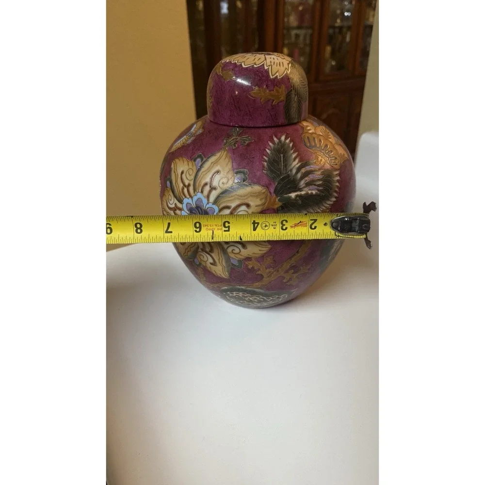 Vintage Hand painted Chinese Vase W Lid pottery With Floral &‎ Butterfly Accents